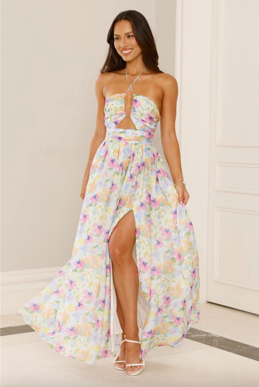 NEW Hello Molly Halter Maxi Dress Sz L Hibiscus Hues Pastel Print Lined Summer